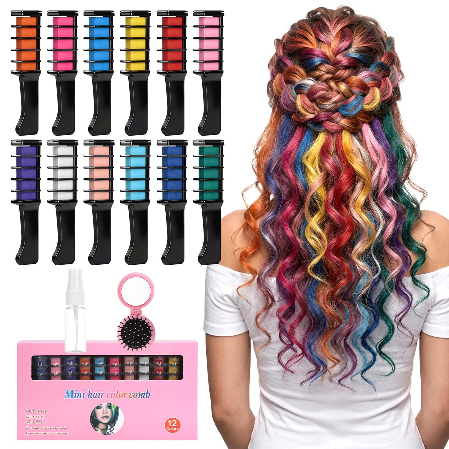 12 Colors Hair Chalk Comb, Temporary Hair Color Dye for Girls, Washable Hair Chalk with Air Bag Comb and Spray Bottle, Festive Fun Hair Chalk Combs, Birthday Christmas New Year Gifts Hair DIY Party