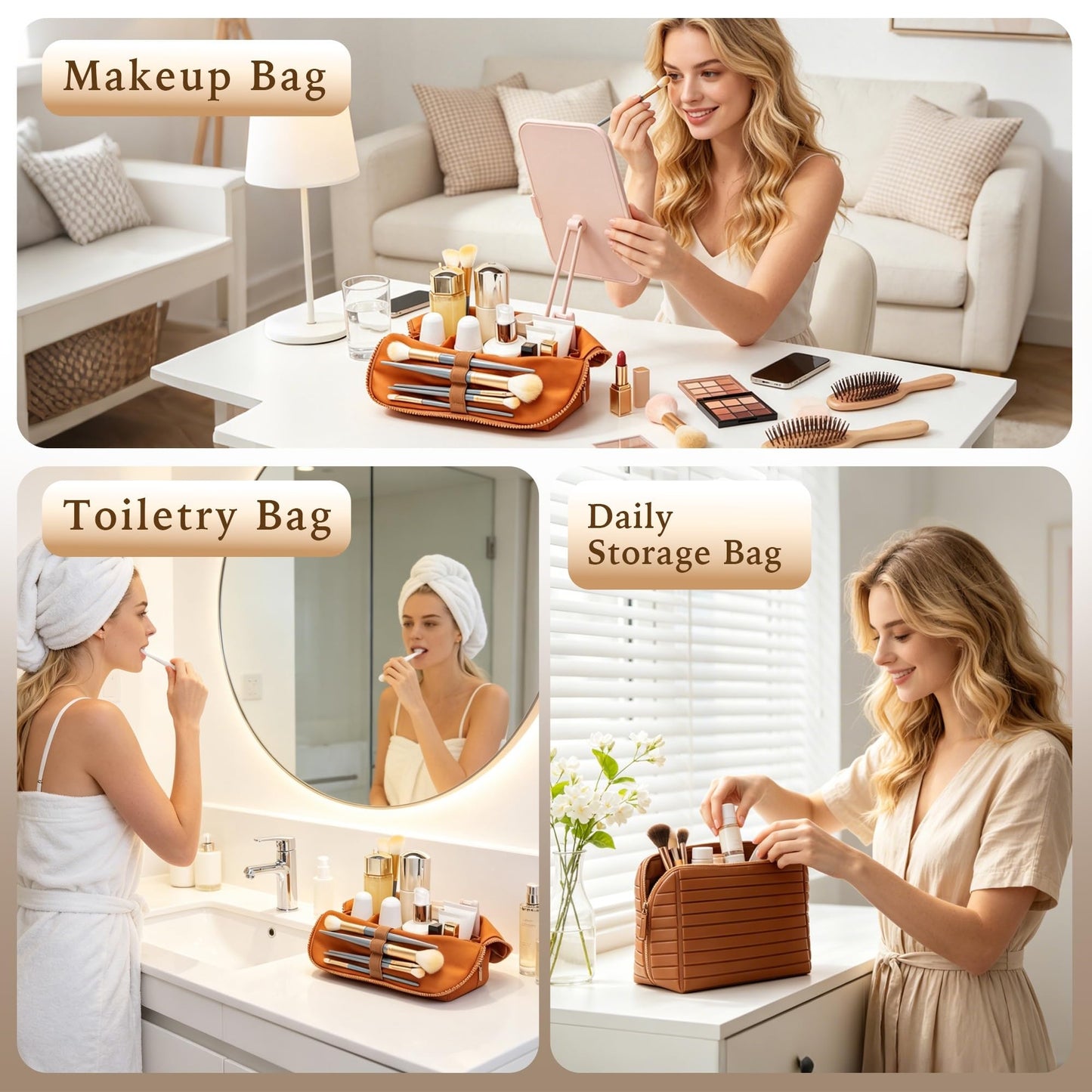 Minoisome Travel Makeup Bag,PU leather toiletry bag,make up organizer case for women,Large Capacity Cosmetic Bag,Wide-open Pouch Purse，Toiletries Accessories，Fold-Down Design and Adjustable Dividers.