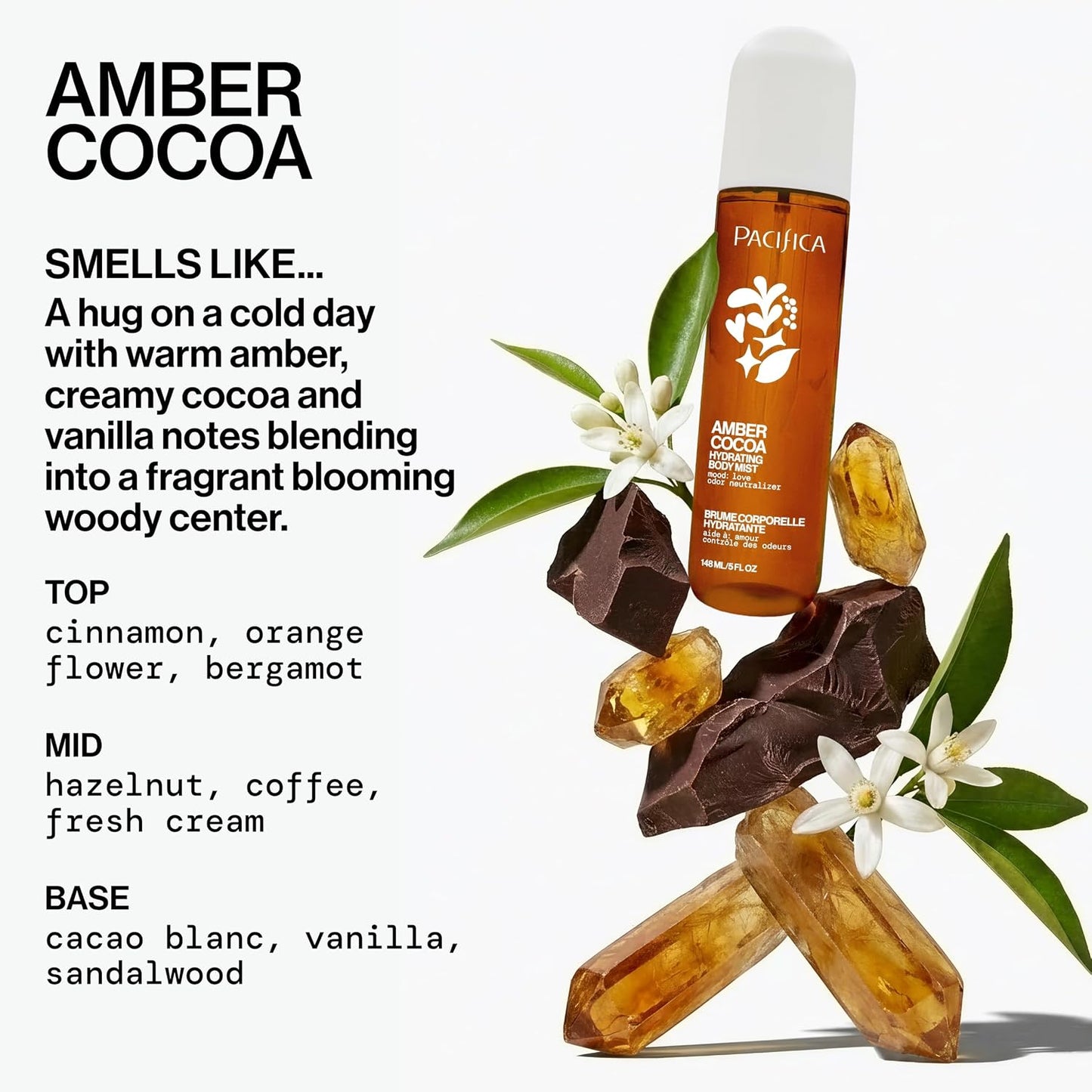 Pacifica Amber Cocoa Gourmand Body Mist | Hydrating Vanilla Coffee Cocoa Spray, 5 oz