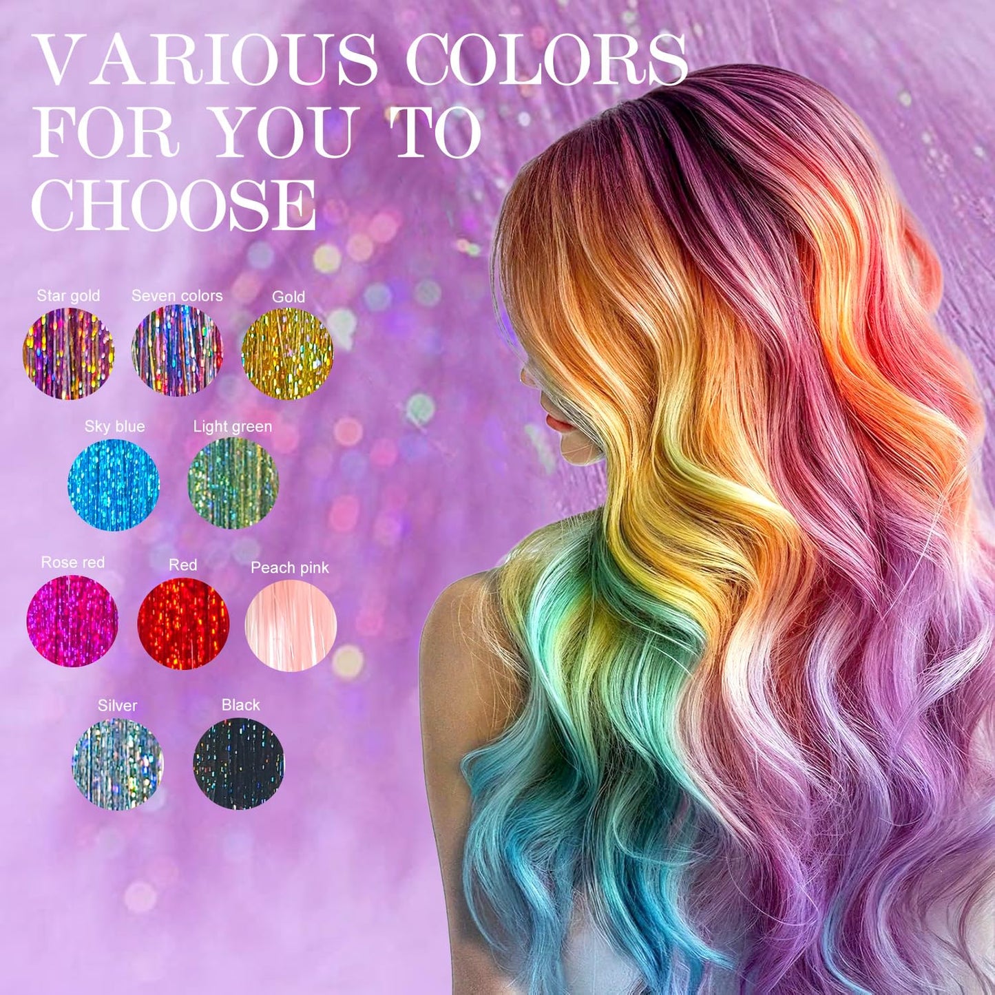 Hersun Hair Tinsel Kit - 10 Colors, 3200 Strands, 48in | Heat-Resistant Fairy Hair Extensions for Parties & Festivals