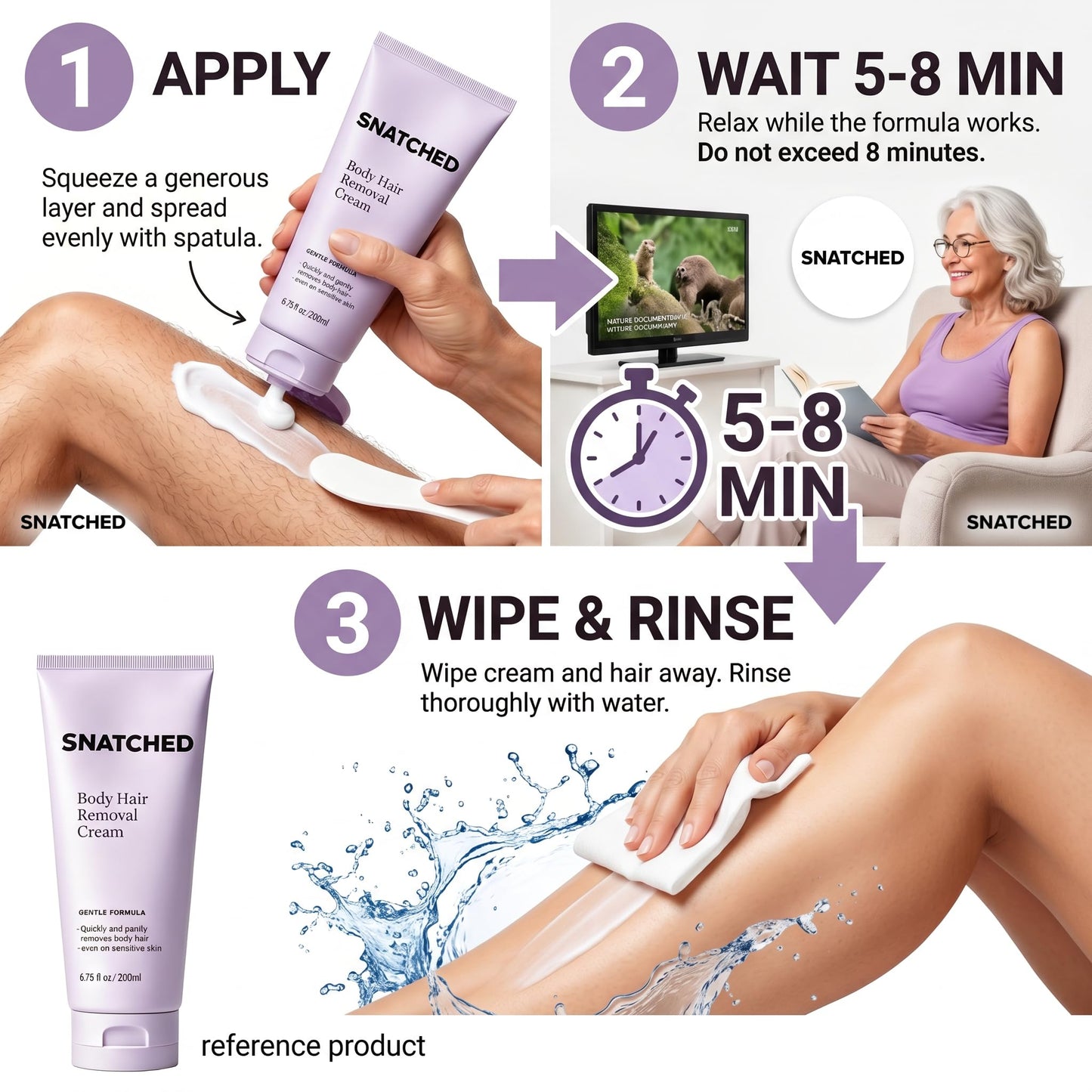 Snatched Hair Removal Cream for Woman Aged 65+, Plant-Based Hair Removal Cream for Women & Men, Fast-Acting Depilatory Cream for Legs, Arms, Underarms & Bikini Area, Smooth Skin Care (1)