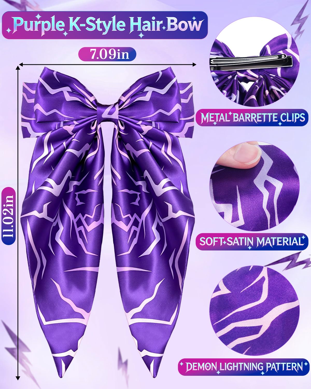K-Style Demon Movie Hunters Hair Bows,Purple Demon Energy Hair Accessories for Girls, Oversized Hunters Satin Hair Bow Clips, Long Tail Silky Hair Ribbon Clips for Women Girls Fans