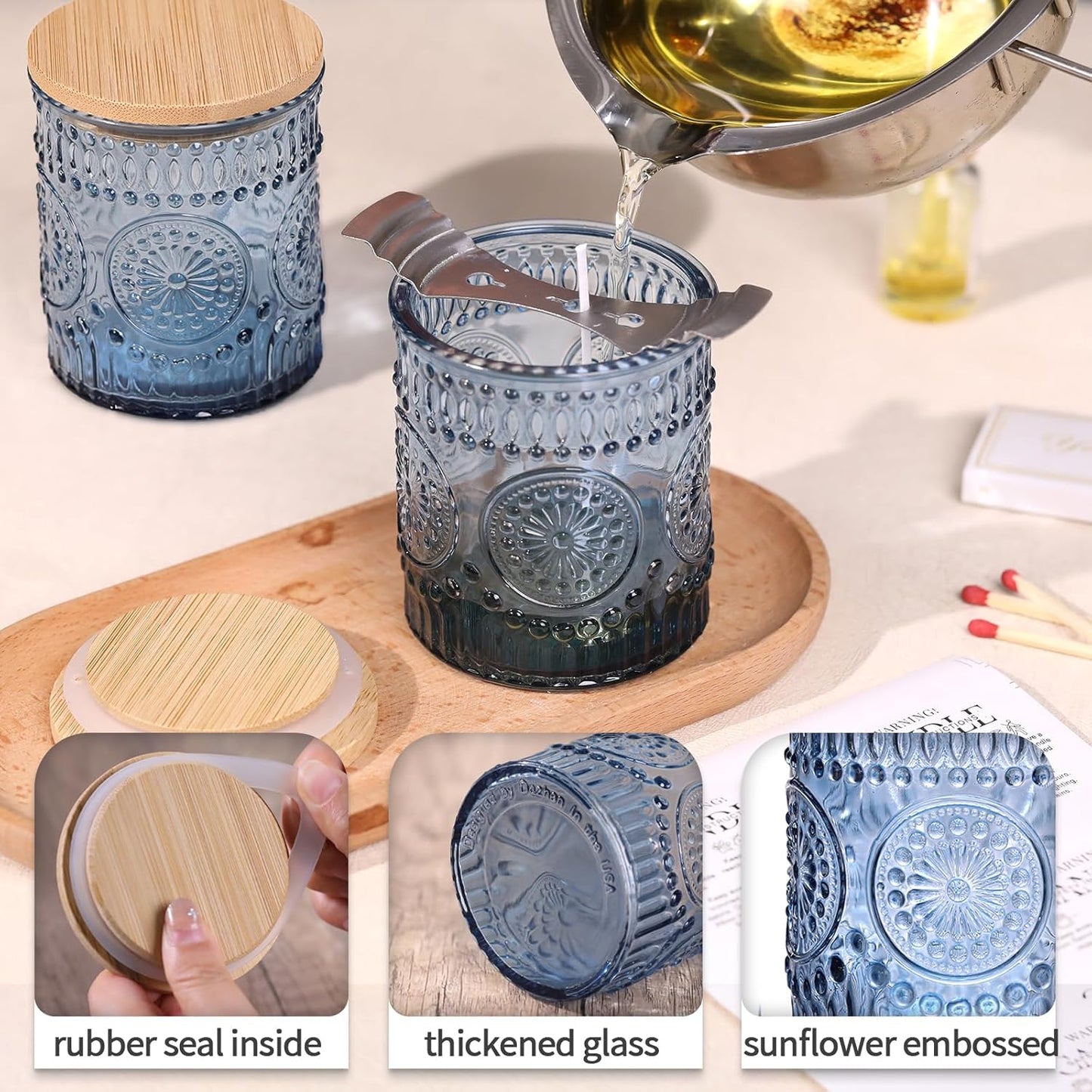 Blue Candle Jars - 10 Pack 7.5 OZ Empty Glass Candle Making Jars with Bamboo Lids & Labels | DIY Candle Supplies