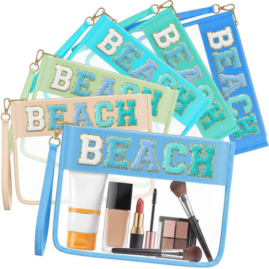 Kacctyen 6 Pcs Beach Bags Chenille Letter Clear Makeup Bag with Zipper Waterproof Cosmetic Toiletry Pouch with Handle Gym Travel Summer Gifts for Women Girls(Teal,Beach)
