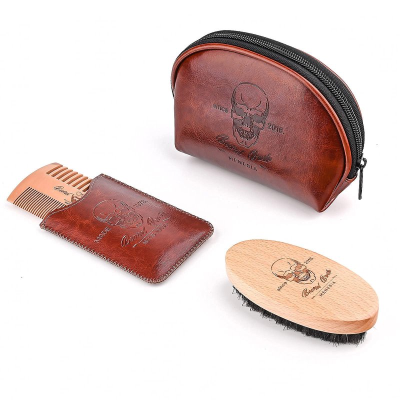 Menesia Beard Brush and Comb Set, Boar Bristle Hair Beard Brush Kit with Small Leather Travel Toiletry Bag Case for Men, Include Men's Wooden Mustache Comb