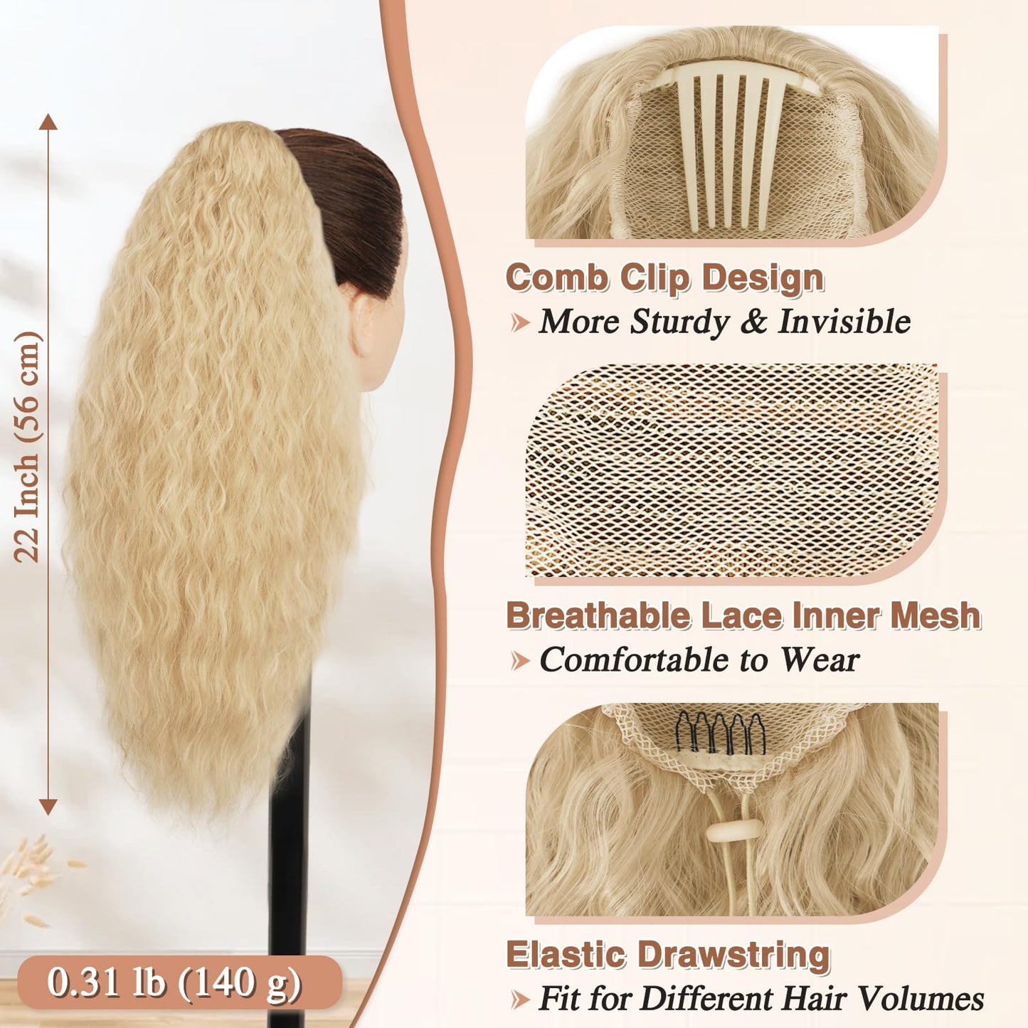 BARSDAR Curly Wavy Drawstring Highlight Ponytail Extension – 22 Inch Synthetic Comb Clip in Ponytail Hairpieces for Women, Voluminous Natural Looking Bohemian Ponytail - Brown with Highlights