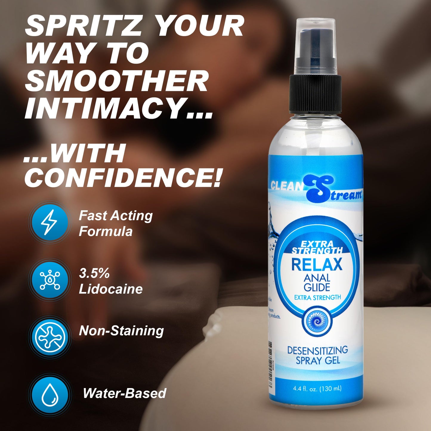 CleanStream Relax Desensitizing Lubricant 4.4 Fl Oz Bottle, Unscented Water-Based Liquid Formula, Supports Comfort and Control, Ideal for Personal Use, Easy Clean-Up Design