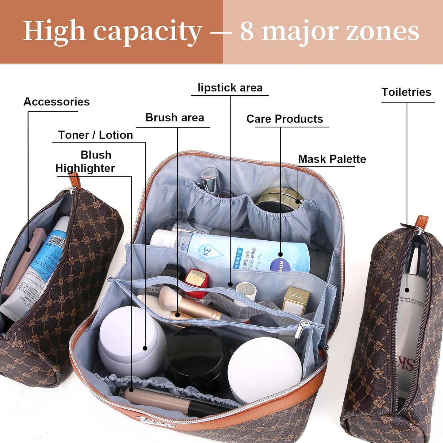 Travel Makeup Bag Set - Large Vegan Leather Cosmetic Organizer with Handle | 3 Pcs Portable Toiletry Bags in Coffee