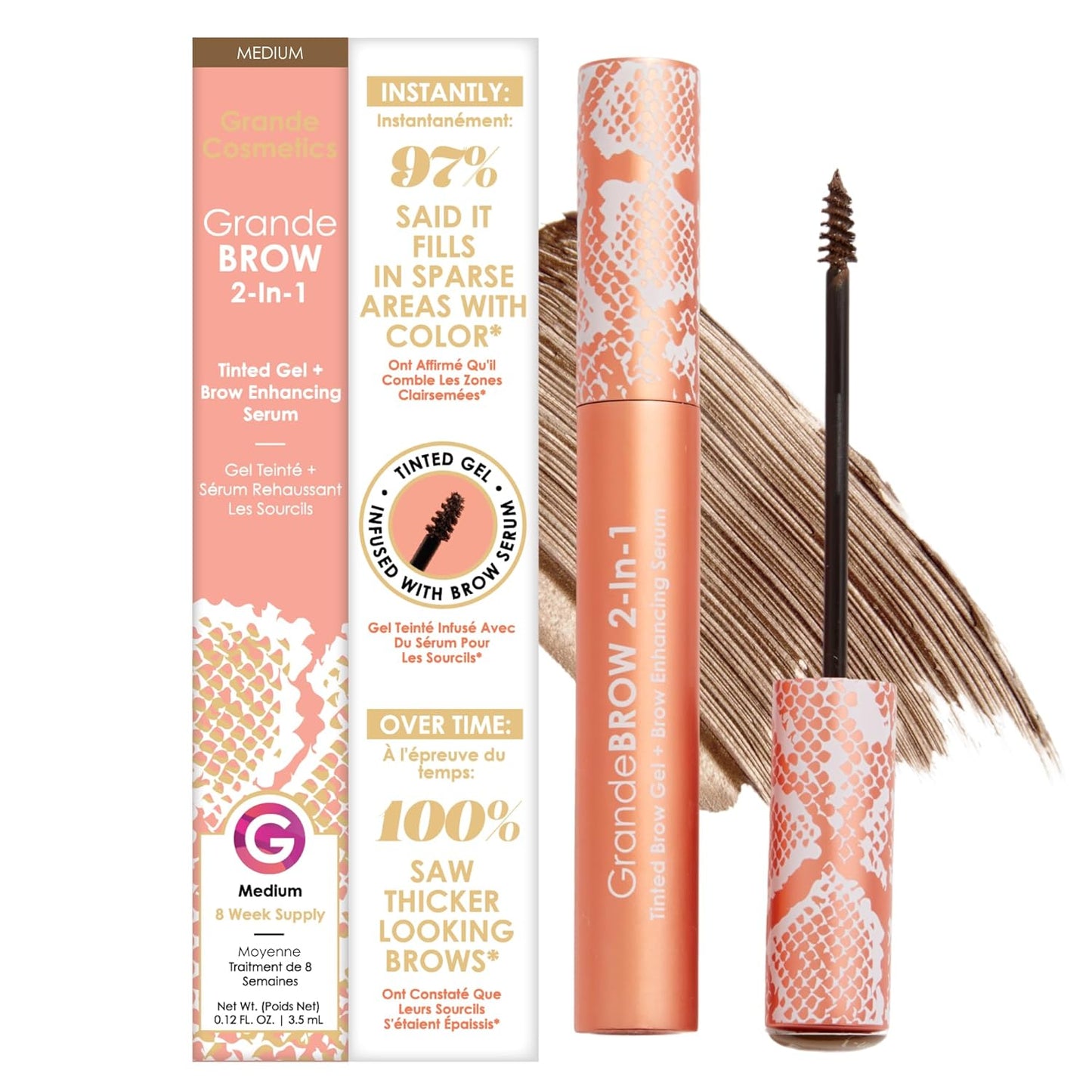 Grande Cosmetics GrandeBROW Tinted Brow Gel & Enhancing Serum - Thicker, Darker Brows with Castor Oil | Long-Lasting Formula