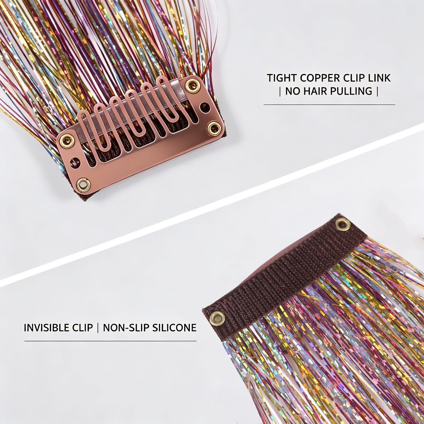 CELINABELLA Clip In Hair Tinsel 12 Pack 3 Colors Emerald Aqua Midnight Orchid 23 Inch 70 Strands Heat Resistant 320°F Invisible Light Brown Clips For Women Teens Party Festival Daily Hairstyles