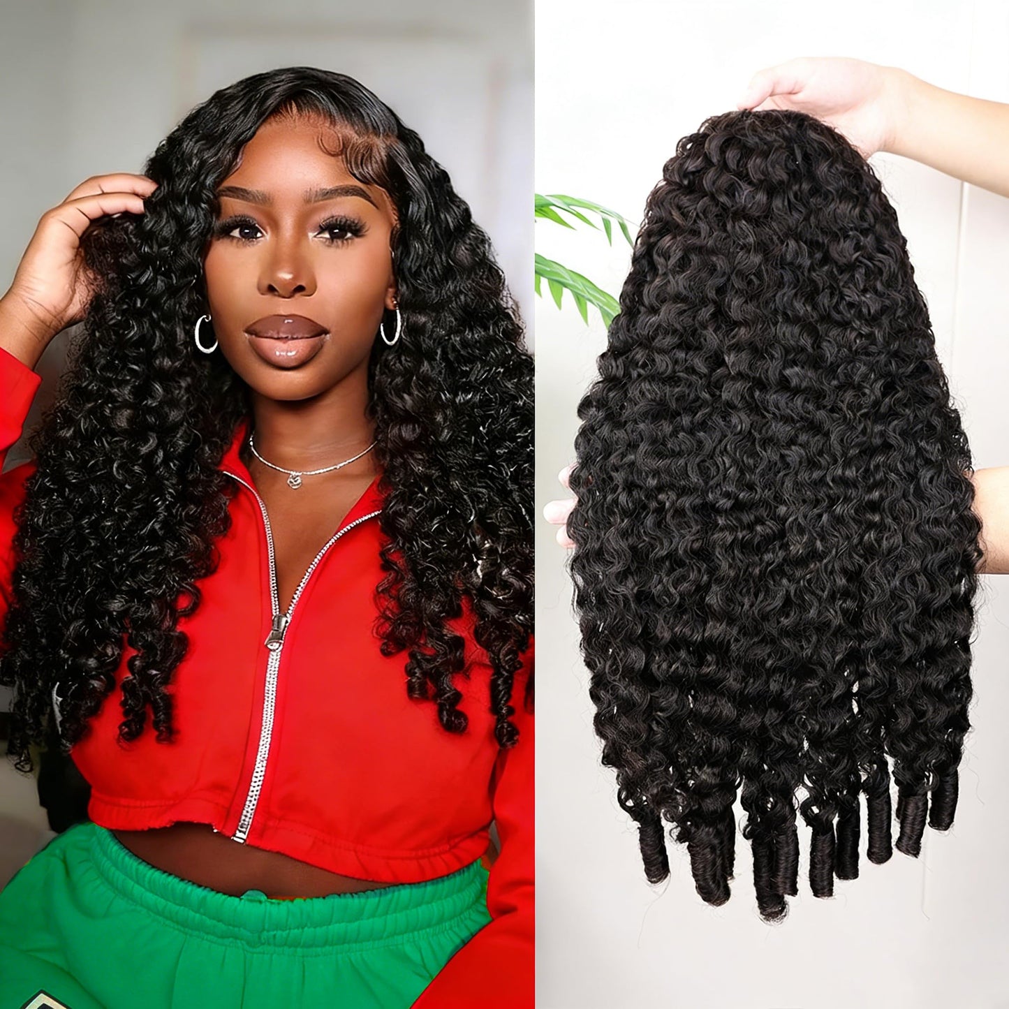 PERISMODA Burmese Curly Half Wig Glueless Wigs Human Hair with Spiral Curly End 200% Density 3 IN 1 Kinky Curly Human Hair Half Wig With Drawstring Seamless Clip Ins Flip Over Natural Color