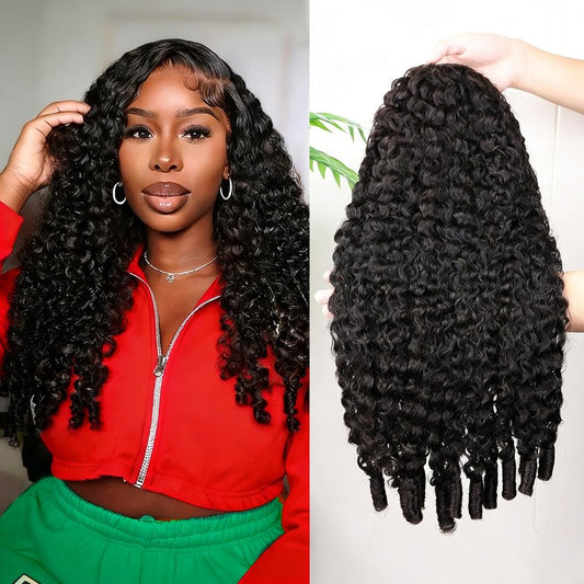 PERISMODA Burmese Curly Half Wig Glueless Wigs Human Hair with Spiral Curly End 200% Density 3 IN 1 Kinky Curly Human Hair Half Wig With Drawstring Seamless Clip Ins Flip Over Natural Color