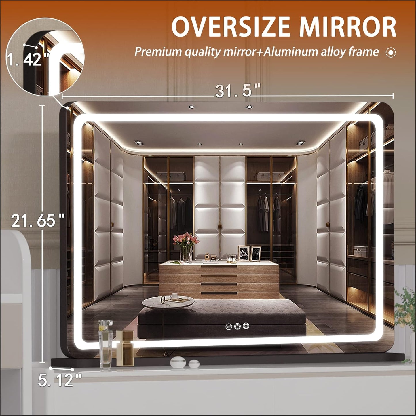 LED Makeup Mirror with Lights - 31.5" x 22" Dimmable Touch Screen Vanity Mirror | Round Black Design