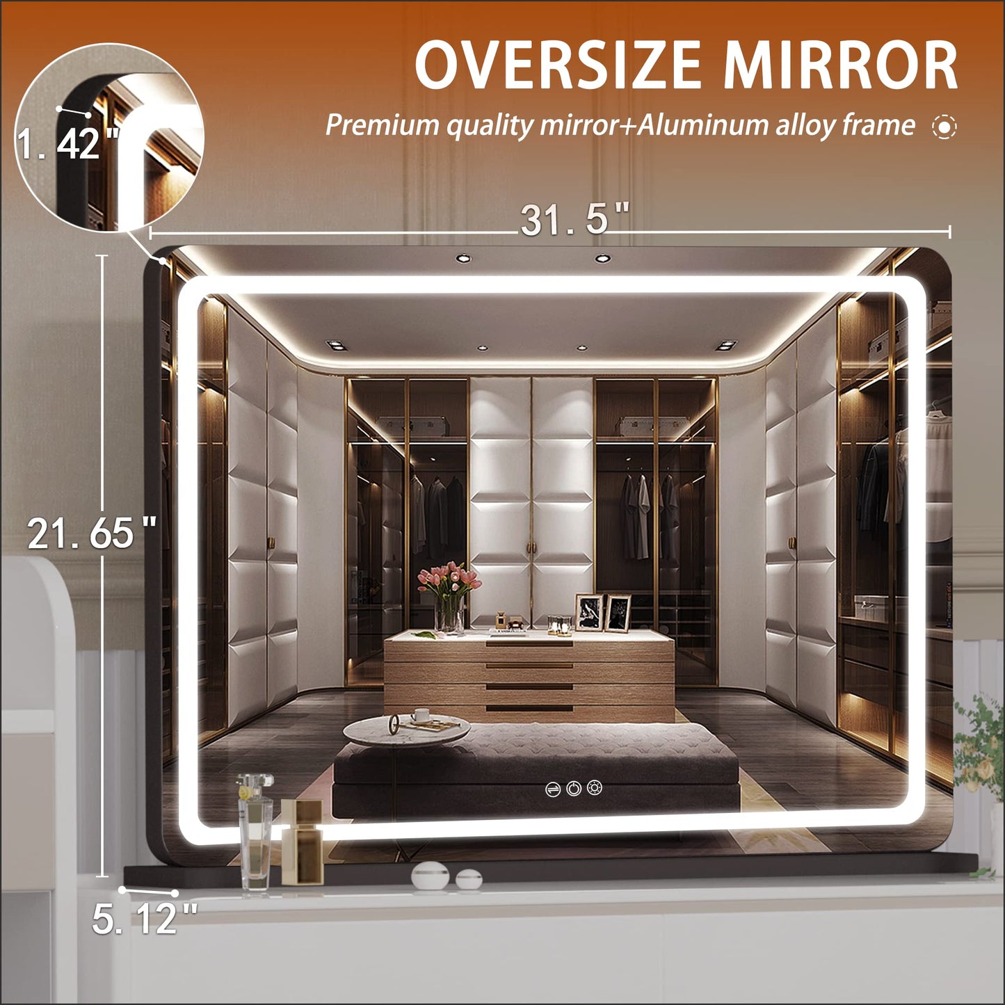 Hasipu Vanity Mirror with Lights, 31.5" x 22" LED Makeup Mirror, Lighted Makeup Mirror with Dimmable 3 Modes, Touch Screen Control Vanity Mirror Round Black