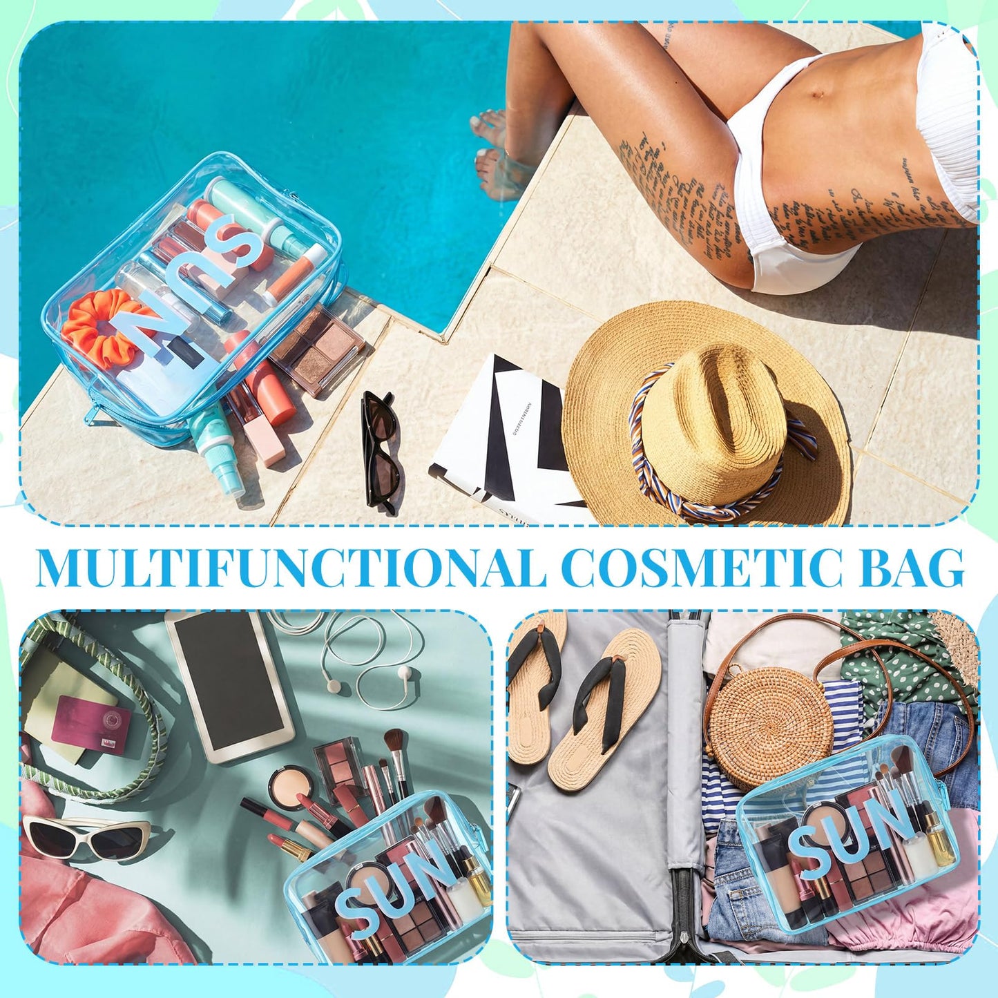 Shinylin Clear Sun Bag Travel Beach Makeup Pouch 9.5" x 7" x 3.5" Large Blue Toiletry Cosmetic Bag PVC Waterproof Transparent Zippered Organizer for Women Girl Summer