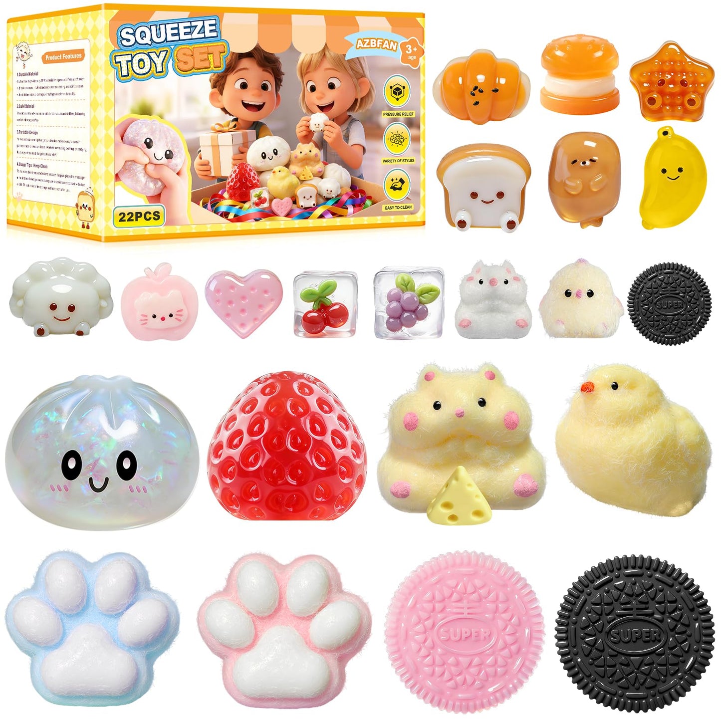 AZBFAN 22PCS Squishy Toys,Dumpling Squishy,Cat Paws, Ultra-Soft TPR Material, Squeeze Toys Set are Perfect for Stress Relief for Both Children & Adults, Classroom Birthday Gifts