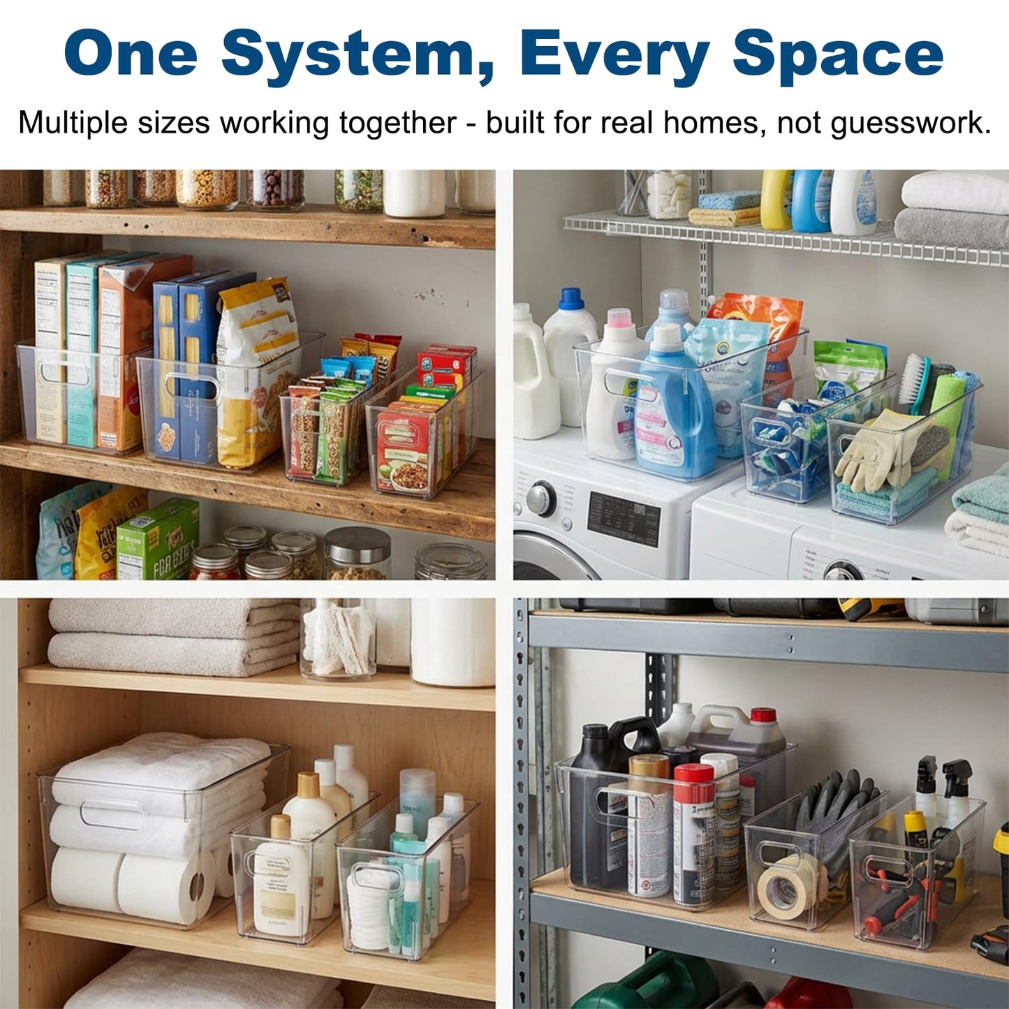 MOONEDGE Set of 4 Clear Plastic Organizer Bins, 2 Large & 2 Small Storage Bins for Pantry, Nestable Space-Saving Containers for Cabinets, Under-Sink, Bathroom, Kitchen & Freezer Organization