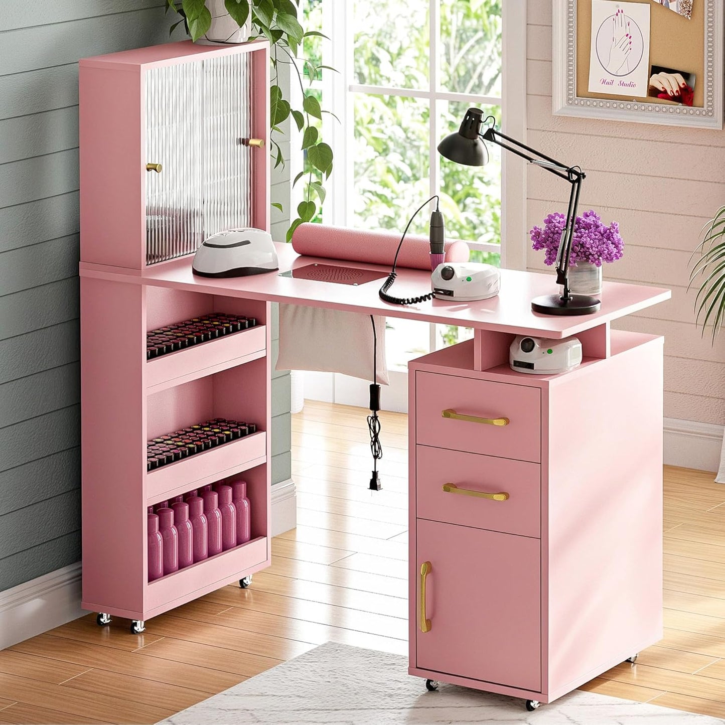 Manicure Table - Nail Desk with Glass Door Storage & Dust Collector | Acetone Resistant, White