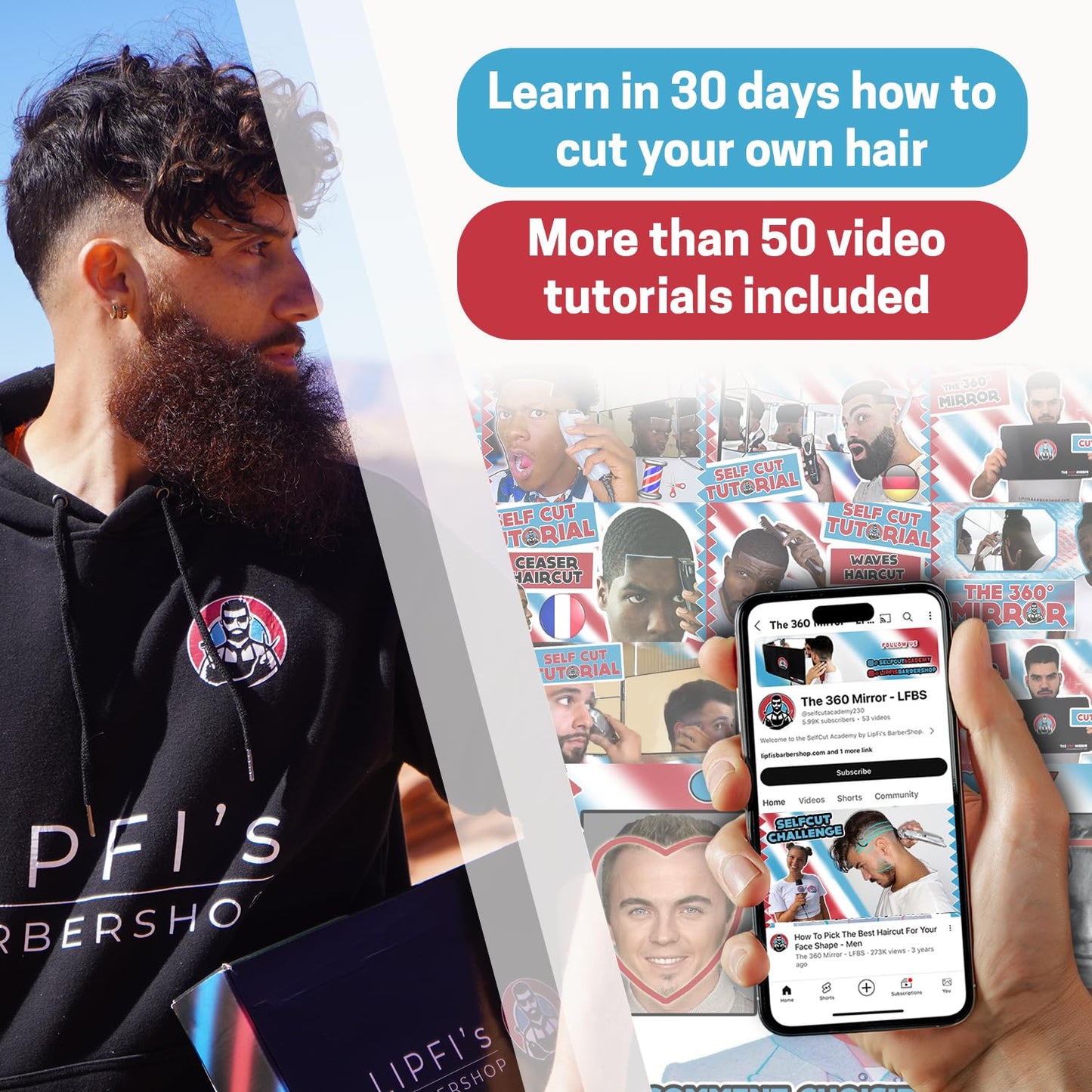 The 360 Mirror - 3 Way Mirror for Self Hair Cutting - Adjutable Trifold Barber Mirro to Cut Your Own Hair - Tri Fold Self Haircut System - Three Sided Mirro for Haircuts (Black - Mini LED version)