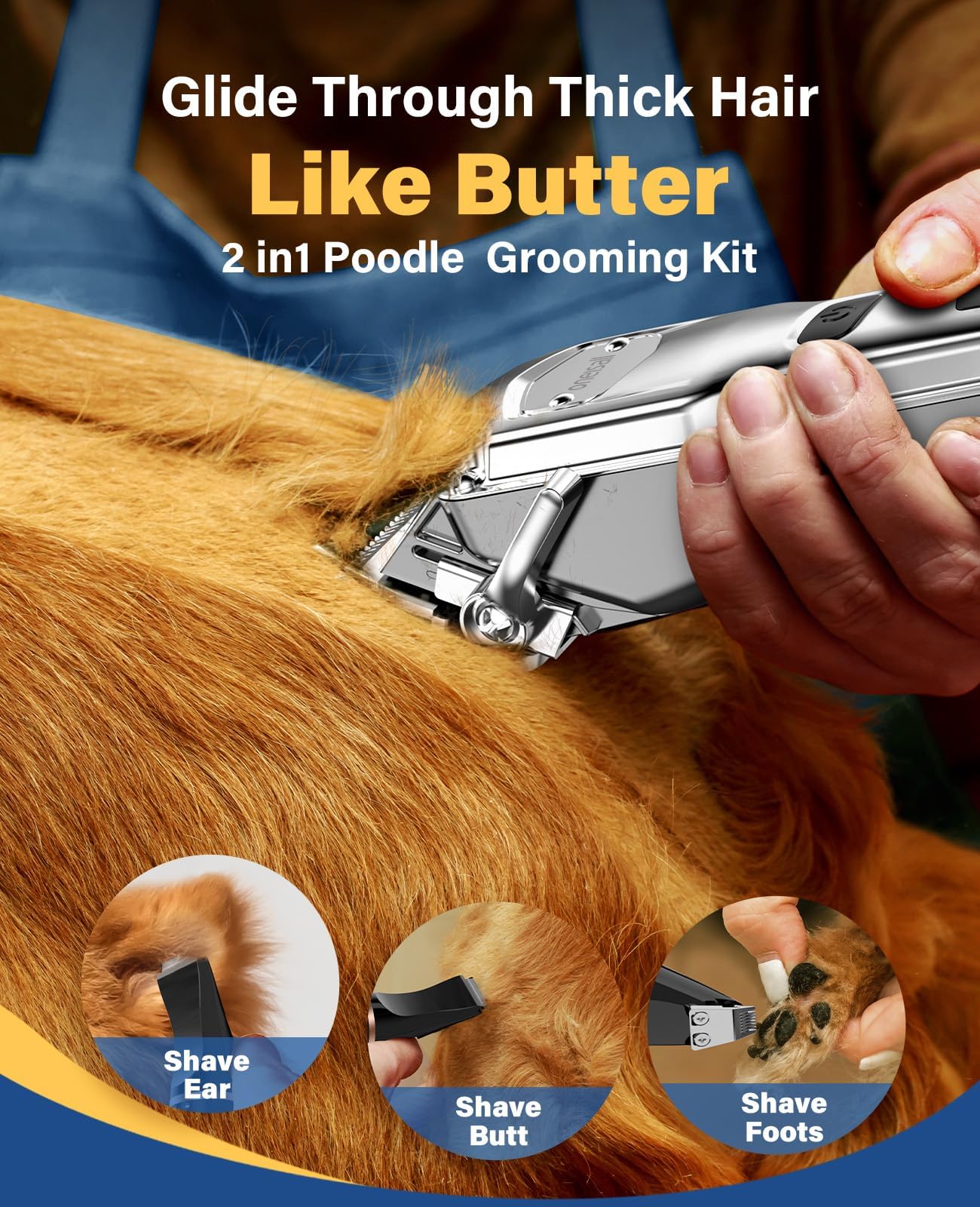 oneisall Dog Grooming Kit for Heavy Thick Hair, with Stainless Steel Blade and Paw Trimmer, Low Noise Rechargeable Cordless Waterproof Dog Clippers for Grooming Animals&Pets