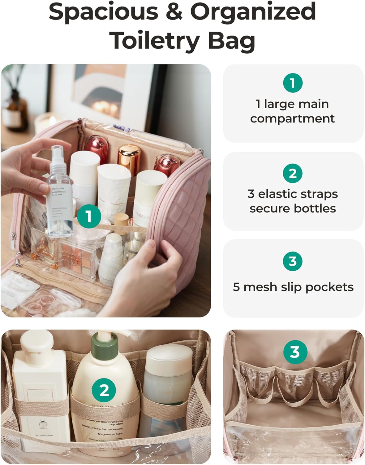 Travel Toiletry Bag - Large Capacity Cosmetic Organizer for Women | Water-Resistant with Hanging Hook & Handle
