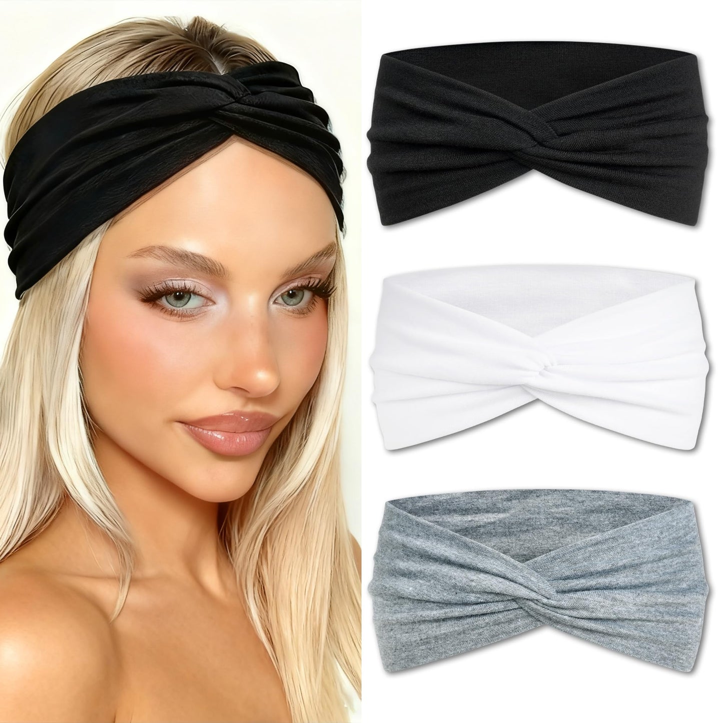 ZUYASEZ 3 Pack Boho Headbands for Women Short Twist Turban Headbands Elastic Non Slip Hair Bands Womens Workout Hair Wraps Accessories