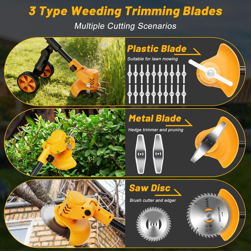 Electric Weed Wacker Cordless with Wheels,Electric Weed Eater Battery Powered 4000mAh,4 in 1 Grass Trimmer/Brush Cutter/Grass Edger/Lawn Mower,No String Trimmer with Blade, 2 Battery (Black Yellow)