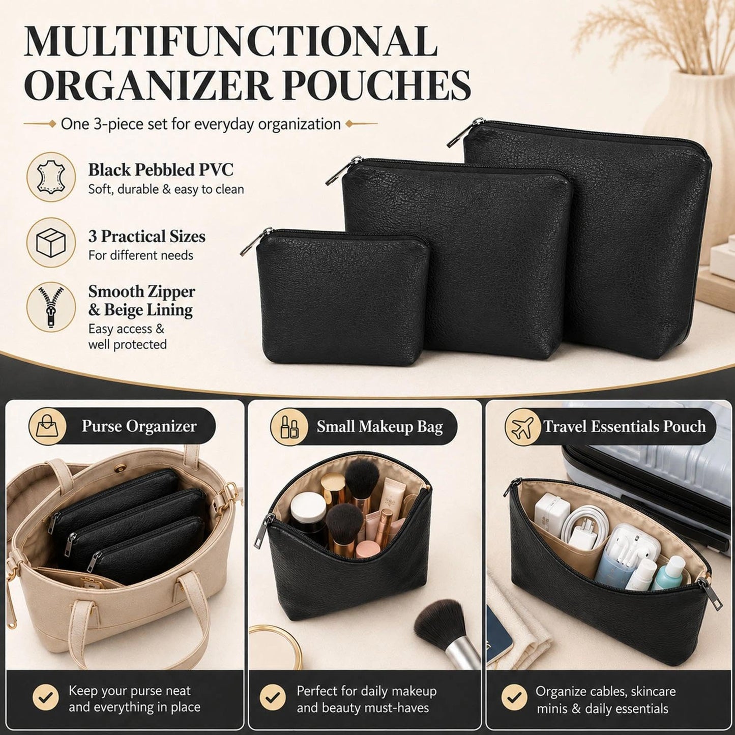 BBORGDC Small Cosmetic Bag Set of 3 for Purse, Black PVC Cosmetic Pouches, 3 Sizes Zipper Organizer for Travel & Toiletries, Gift for Her Birthday, Wife & Mom
