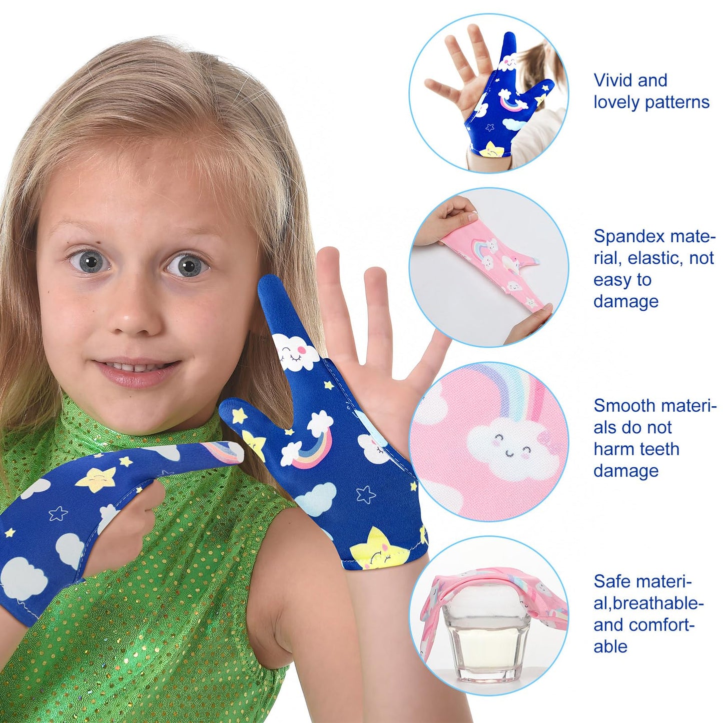 Janmercy 16 Pcs Thumb Sucking Stop for Kids Chewy Gloves Stop Breathable Thumb Guard for Nail Biting Gloves Cute Finger Sucking Stopper for Kids, 8 Style, 2 Finger(8-12 Years)