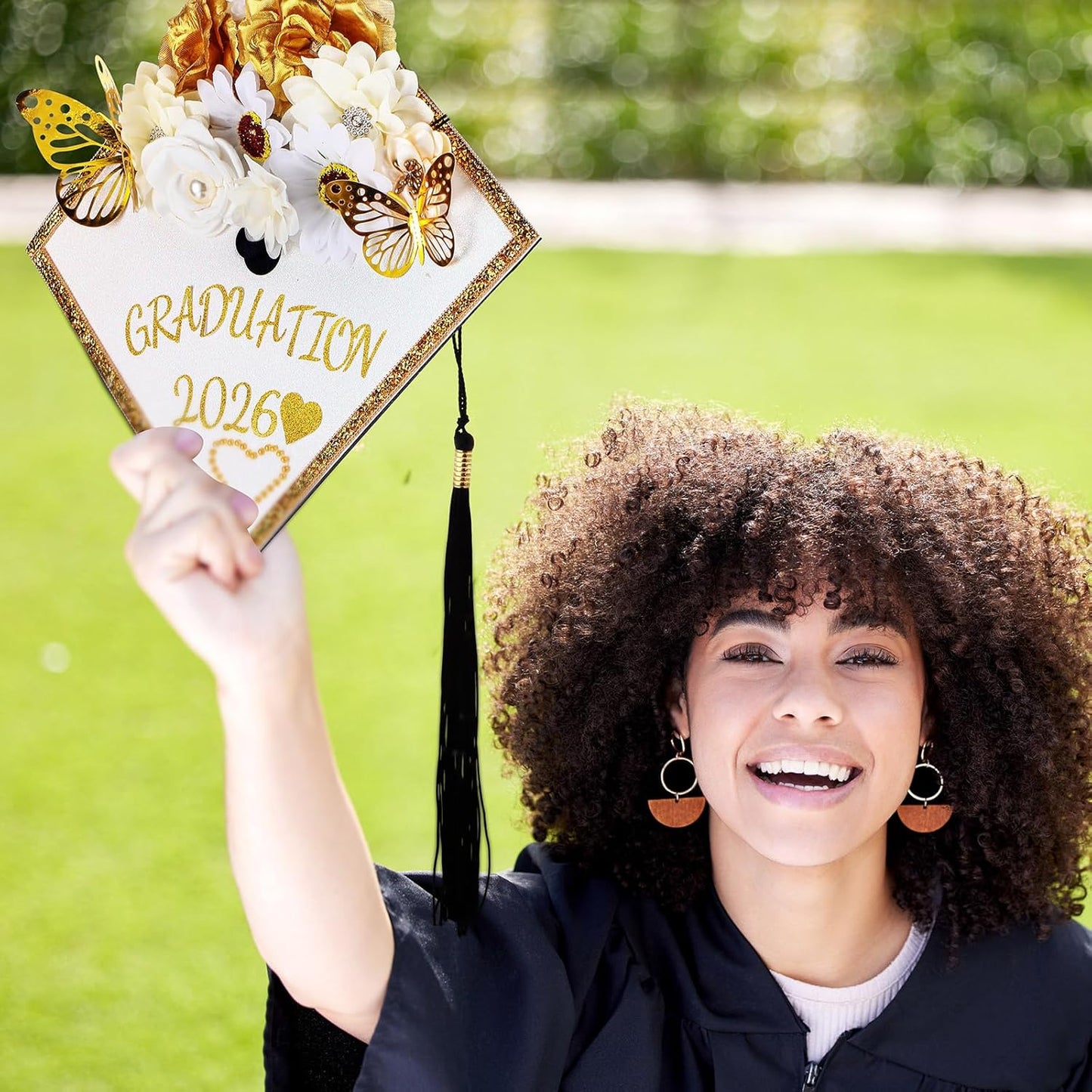 DIY Graduation Cap Decorations Kit - 43 PCS with Faux Flowers, 3D Butterflies & Rhinestone Stickers | Perfect for 2026 Grad Party (White)