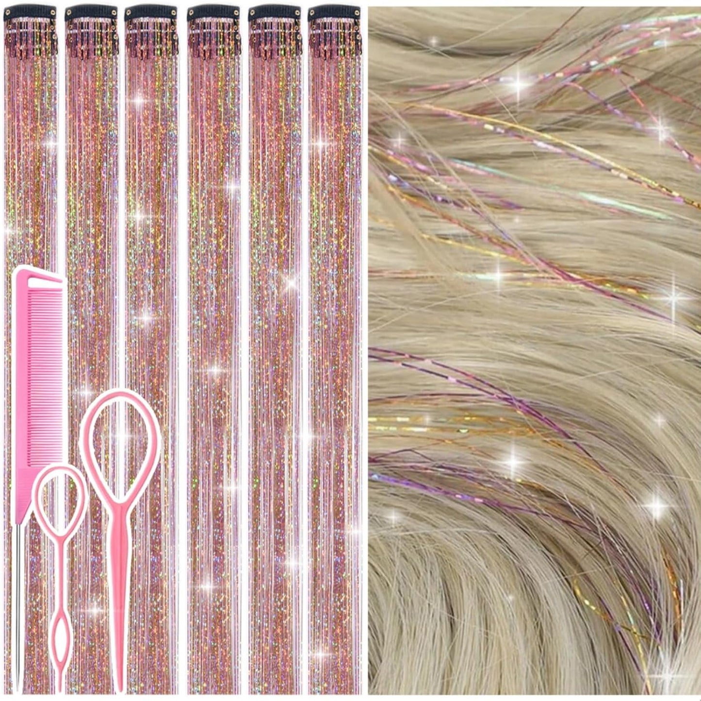 Hair Tinsel Kit - 12 Pcs Colorful Glitter Clip-In Extensions | 24 Inch for Girls, Women & Kids