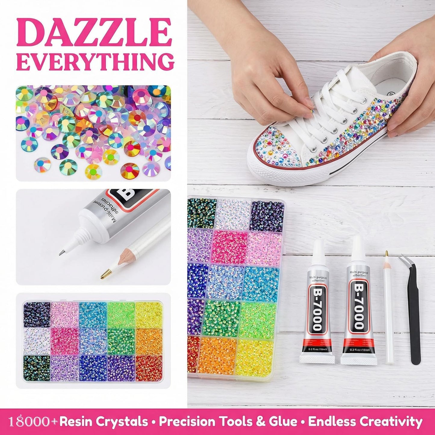 40-Color Resin Jelly Rhinestones Kit - Flatback Gems for DIY Crafts, Nail Art & Clothing | Includes 3 Glue Tubes & Tools, 18000 Pcs