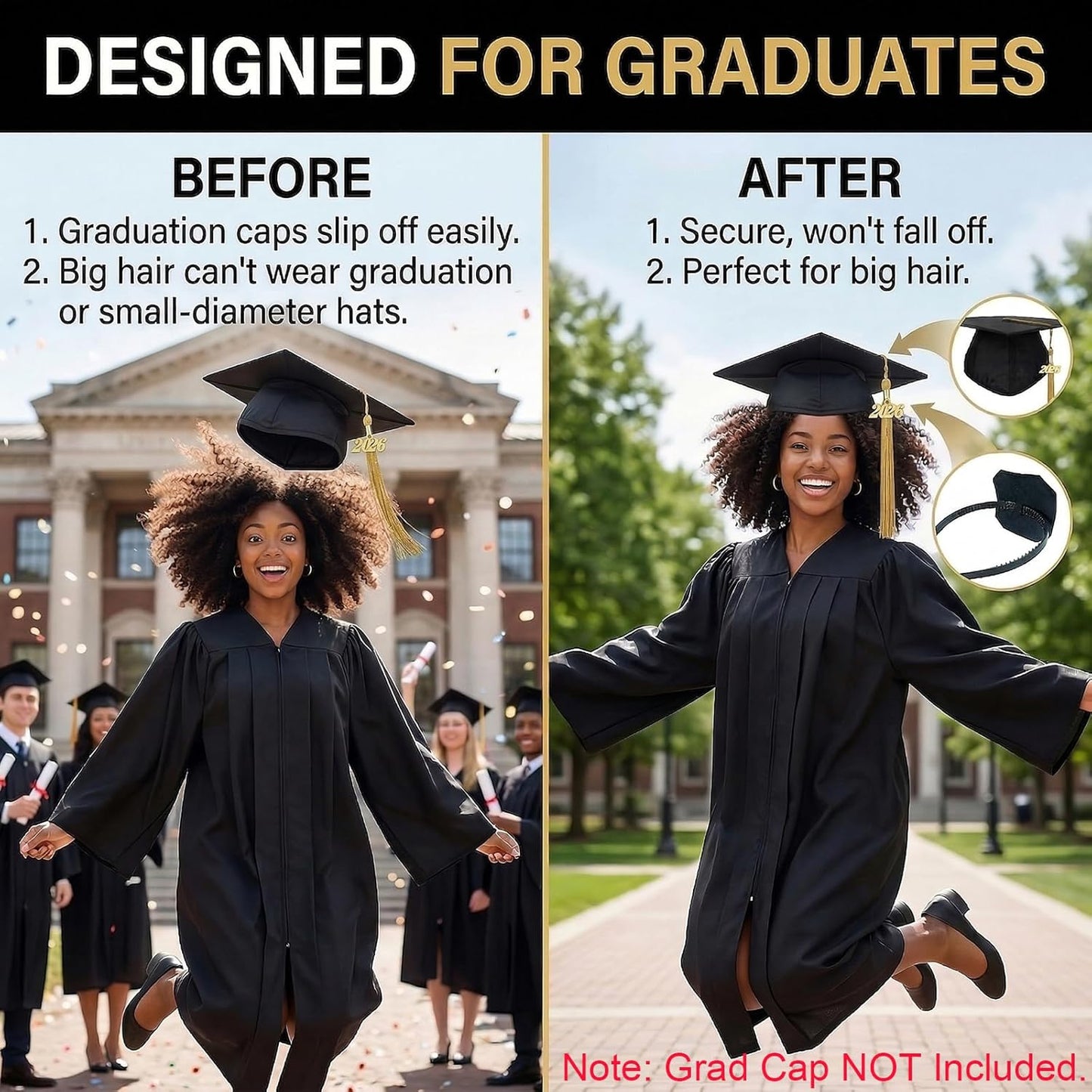 Graduation Cap Headband for Women - Anti-Fall Hairband for Secure Graduation Hats | Black