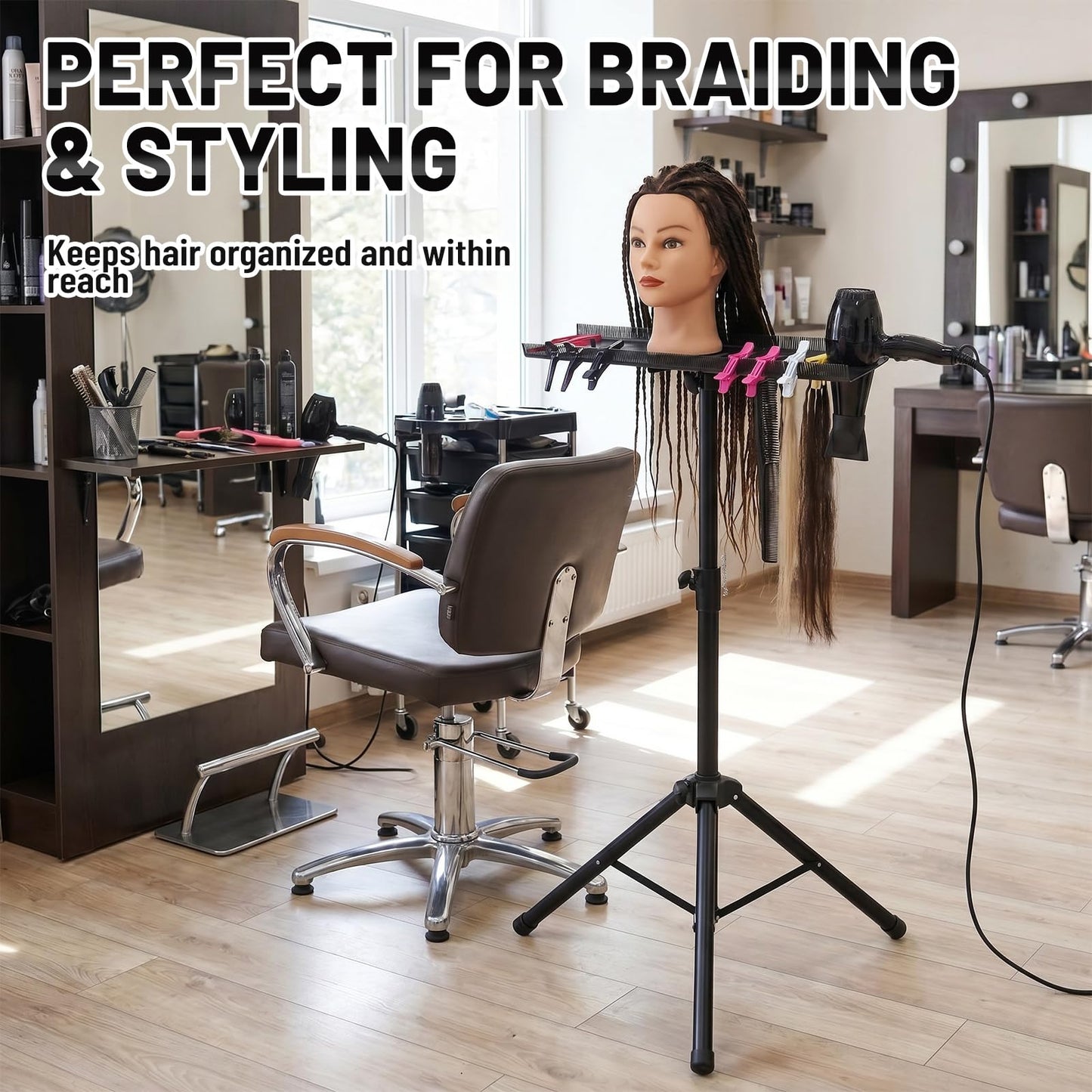 LEIFIDE Stainless Steel Braiding Rack, Hair Extension Holder, Braiding Rack Stand Tripod, Height Adjustable 30.12-39.96 Inches, Foldable Extension Salon Tray, Black