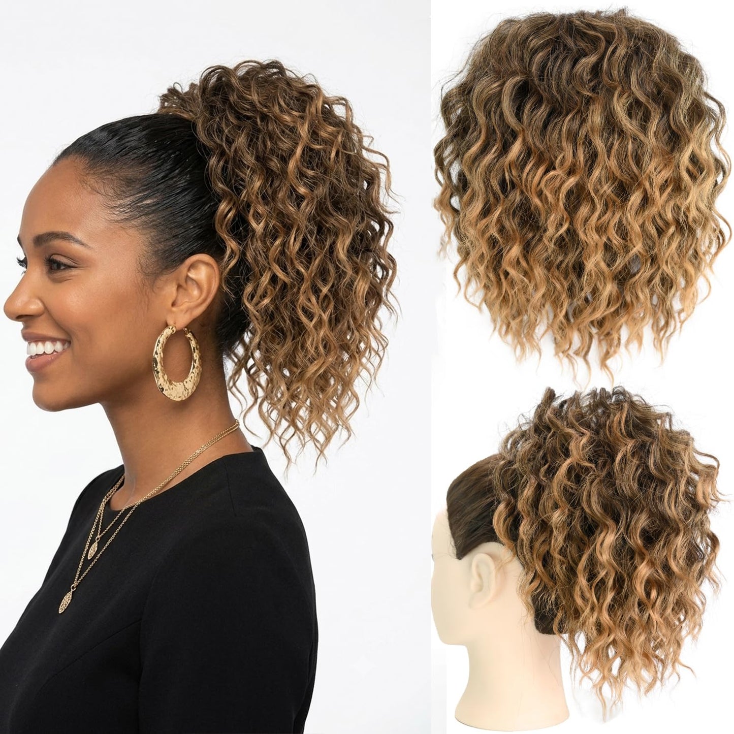 Rafabcici Short Yaki Wavy Curly Ponytail Extension, 8 Inch Drawstring Ponytail Hairpiece for Women, Soft Fluffy Synthetic Ponytail, Natural Looking Hair Extension for Everyday Wear(T1B-27)