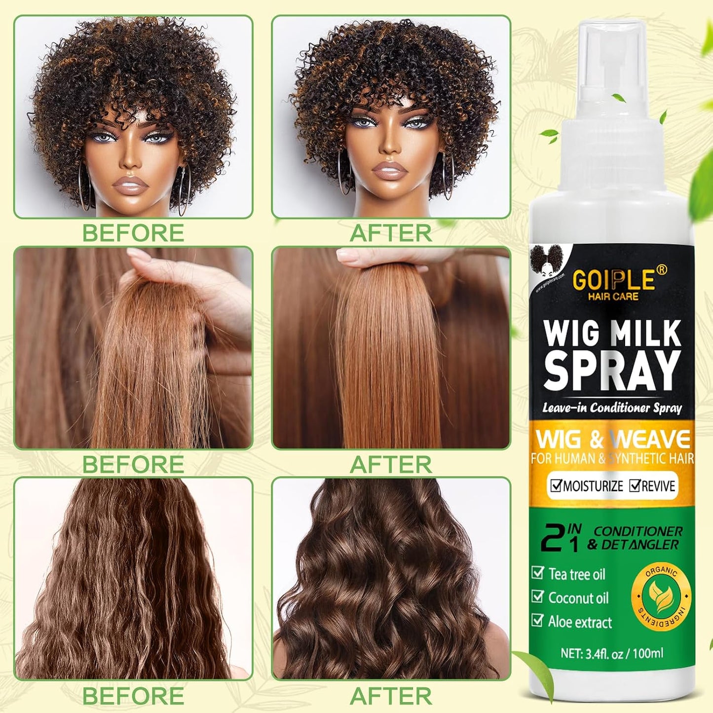 Wig Milk Spray - 2PCS Leave-In Conditioner & Detangler for Synthetic Hair | Hydrates & Replenishes Wigs