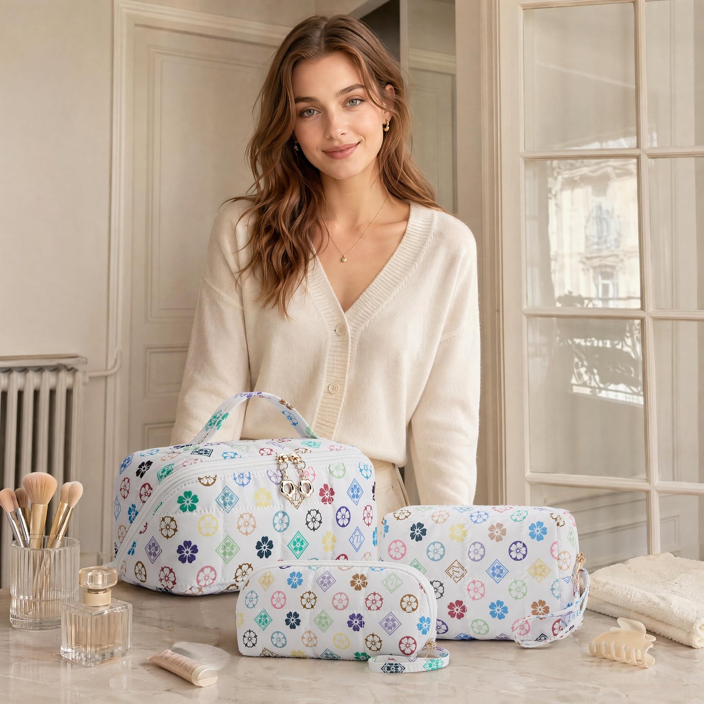 YTL Travel Makeup Bag, Puffer Cosmetic Bag for Women, Waterproof Puffy Padded Make Up Bags, Flat Open Portable Organizer Case Toiletry Bag Pouch Purse for Skincare, Brushes & Travel Essentials