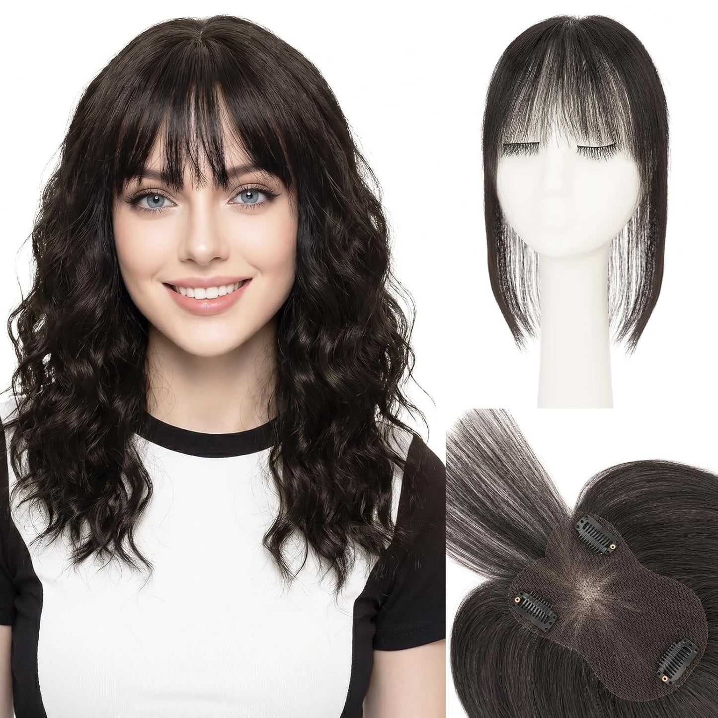 **Hair Toppers for Women - Real Human Hair with Curtain Bangs | 10-Inch Lace Base Clip-In Piece - #02 Dark Brown**