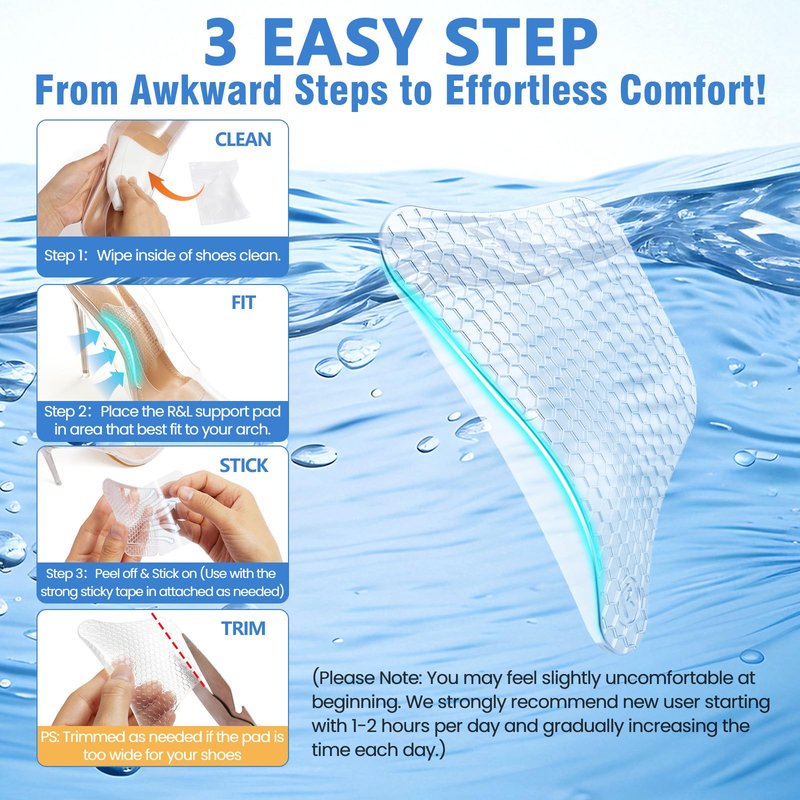 Plantar Fasciitis Relief Arch Support Insert Soft Gel Arch Pad Adhesive Orthotic Shoe Insole for Flat Feet & High Arch Support Cushions for Flats Sandals Trim to Fit, with Extra Sticky Tape - 2 Pairs