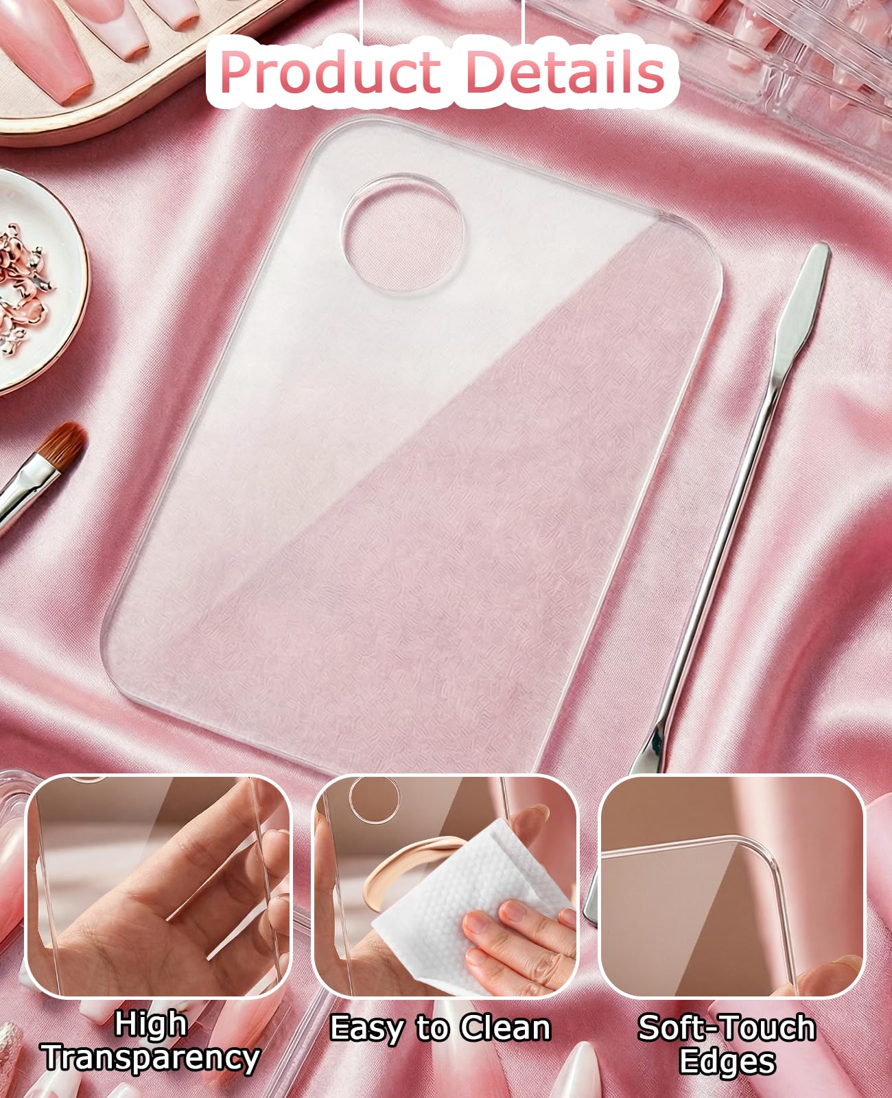 Geyynow 8 PCS Acrylic Nail Art Palette, Transparent Nail Polish Mixing Plate with Stainless Stirring Rod