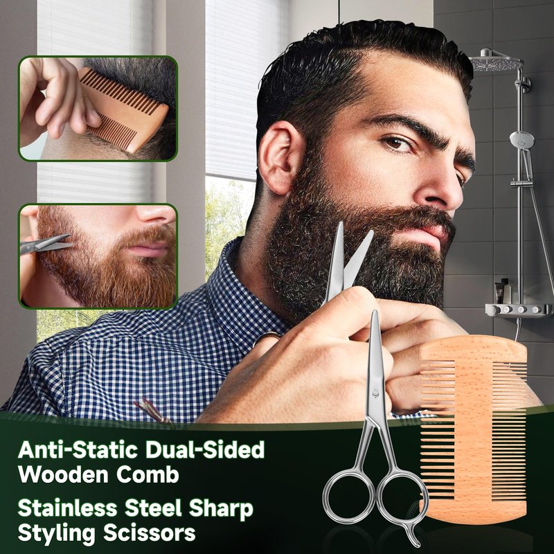 Beard Care Kit - Contains (1) each of Beard Oils (Sandalwood & Unscented), Biotin Beard Growth Balm, Comb and Scissors for Grooming and Trimming - Beard Care Daddy Gifts for Men Him Dad Husband
