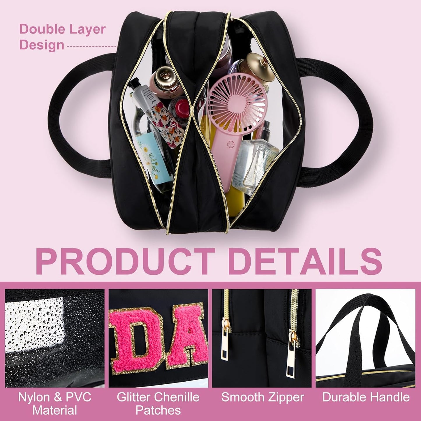 Large Clear Makeup Bag - Waterproof Nylon Cosmetic Organizer with Double Zipper & Wet/Dry Separation | Ideal for Travel & Toiletries