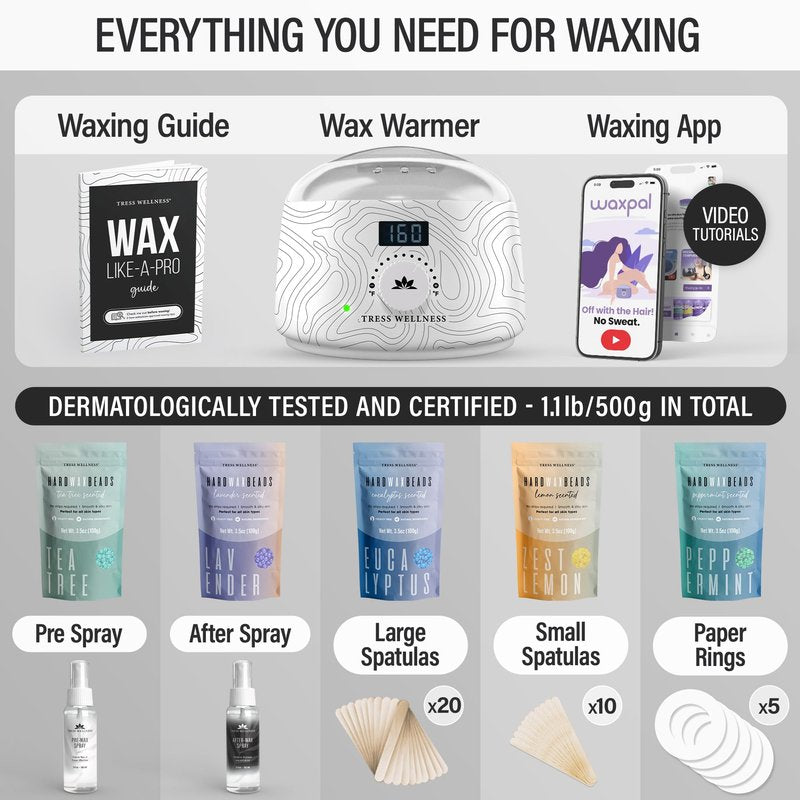 Tress Wellness Waxing Kit for Sensitive Skin – Safe for Face & Skin, Prep & Aftercare Spray, Easy to Use – At-Home Kit for Face, Bikini, Brazilian & Full Body - Digital Display, Black & White