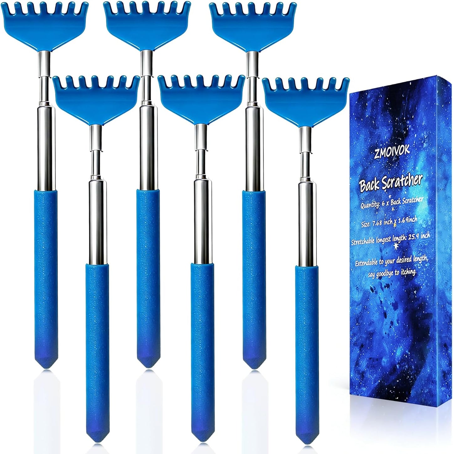 Back Scratchers Set - 6 Pack Extendable Rubber Handle & Stainless Steel Heads | Perfect Gift for Thanksgiving & Christmas