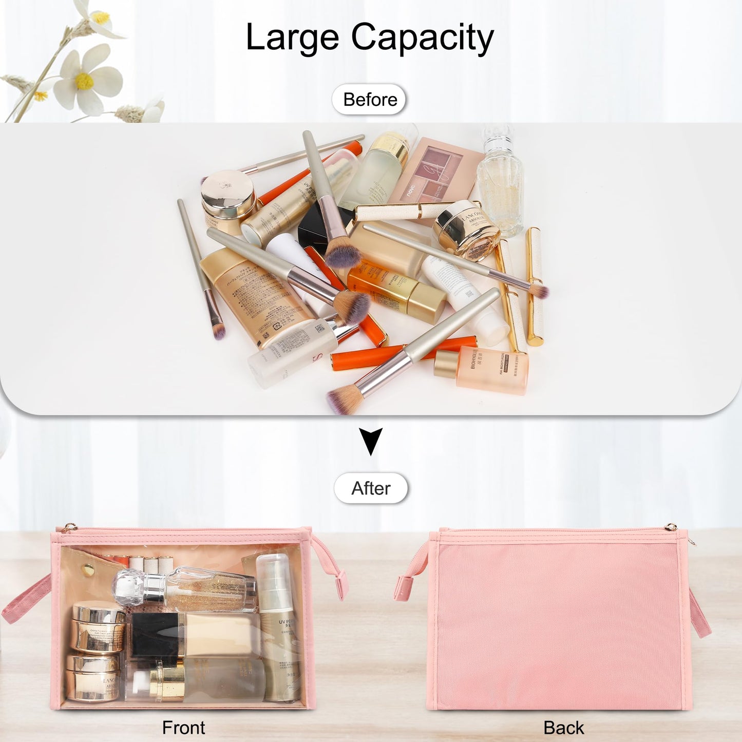 MONSTINA Makeup Bag, Clear Cosmetic Case Large Capacity, Portable Travel Makeup Case Organizer, Waterproof Toiletry Bag, Easter Birthday Gifts, Pink