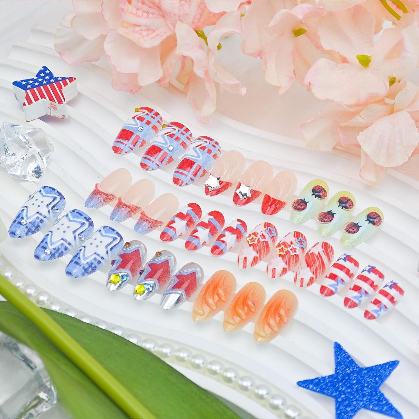 Press On Nails - 24Pcs Medium Almond French Tip with American Flag | Patriotic Y2K Design for Independence Day
