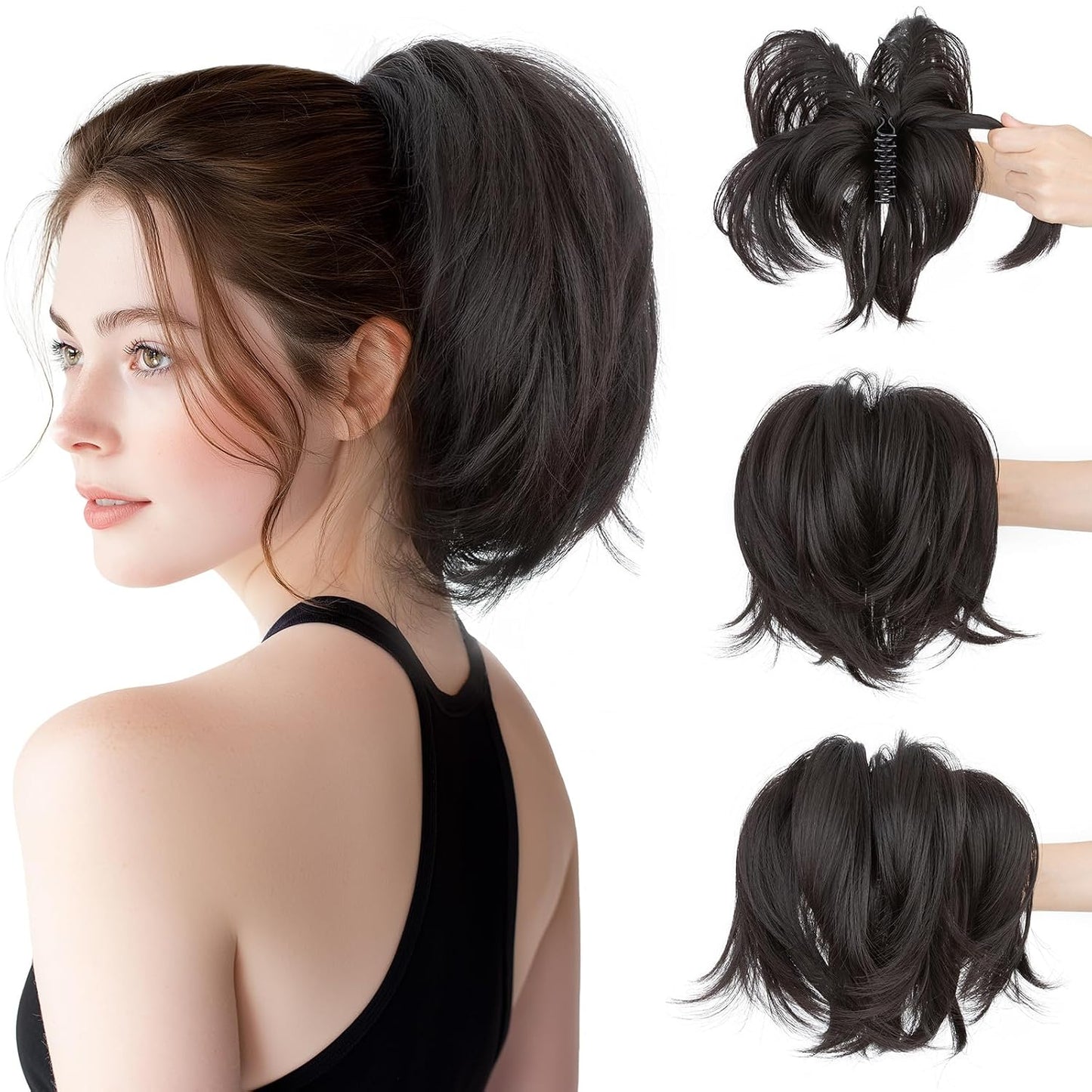 Claw Clip Short Ponytail Hair Extensions - Messy Bun Hair Piece for Women | DIY Bendable Synthetic Hair #12 Light Chocolate Brown