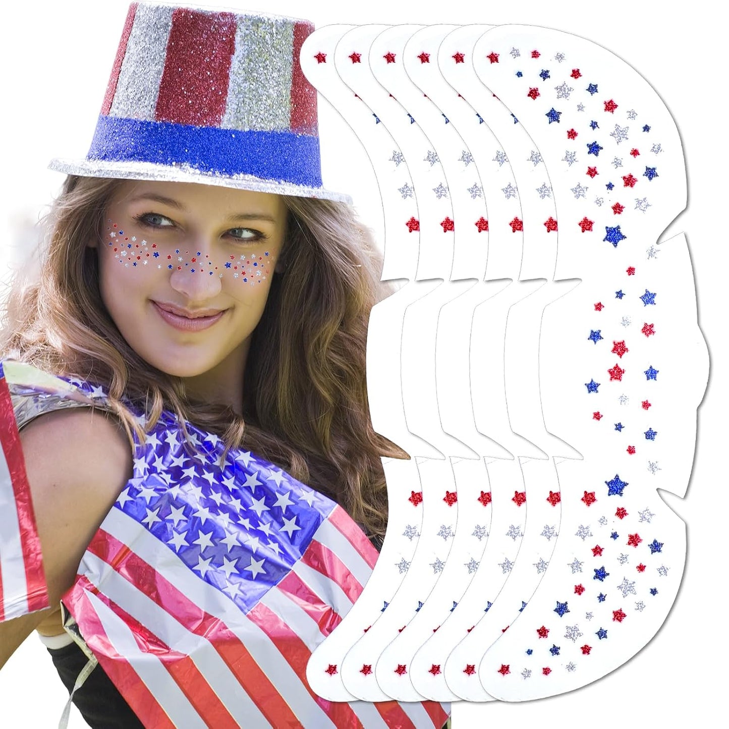 Mysense Waterproof 4th of July Temporary Tattoos - Red, White & Blue Glitter Face Stickers | Easy Application, 6 Sheets
