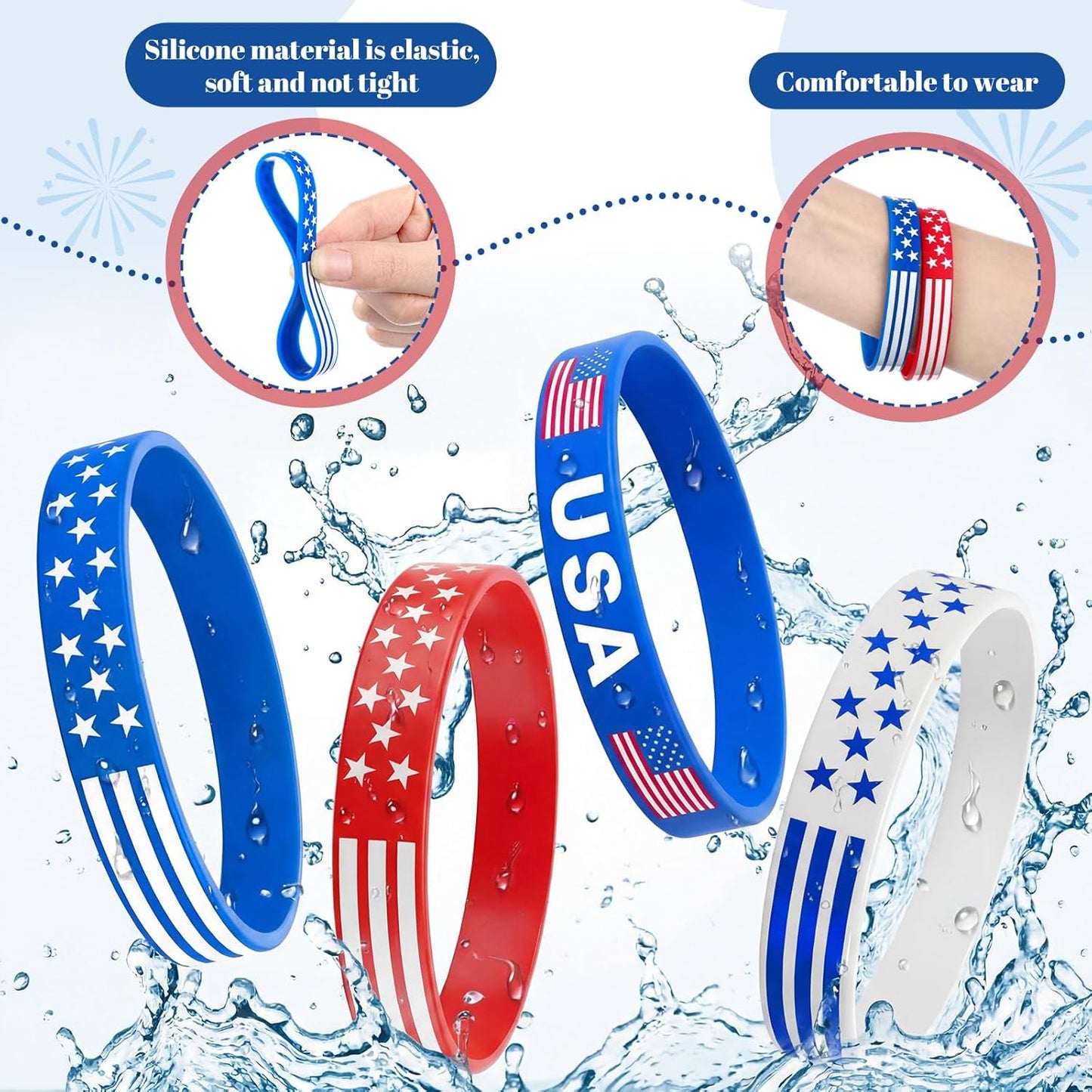48 Pcs 4th of July Party Favors - Patriotic USA Flag Silicone Bracelets | Red, White & Blue Wristbands for Independence Day