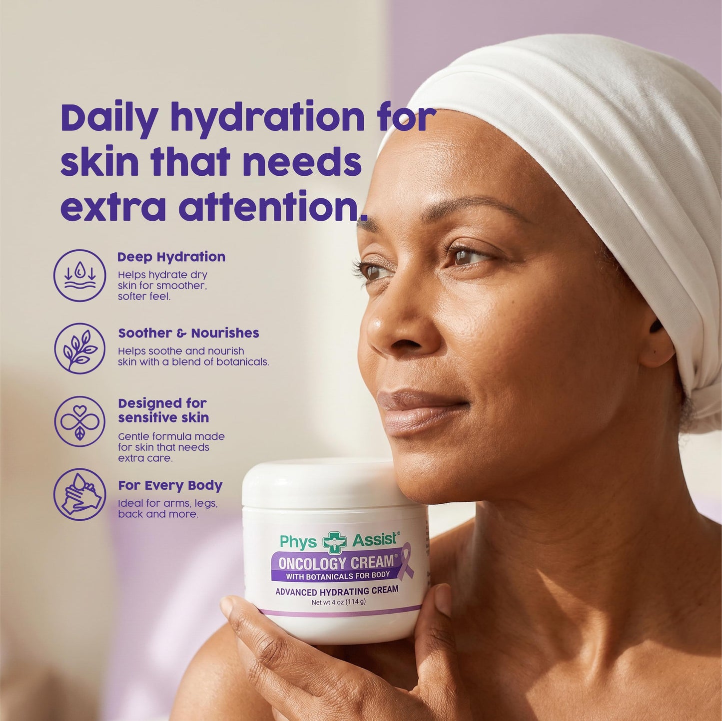 PhysAssist - Oncology Body Cream with Botanicals, 4 oz. Soothing and Hydrating to Stressed Skin. Made with Oils of Lavender, Calendula, and Peppermint. Non-Irritant, Clinically Tested.